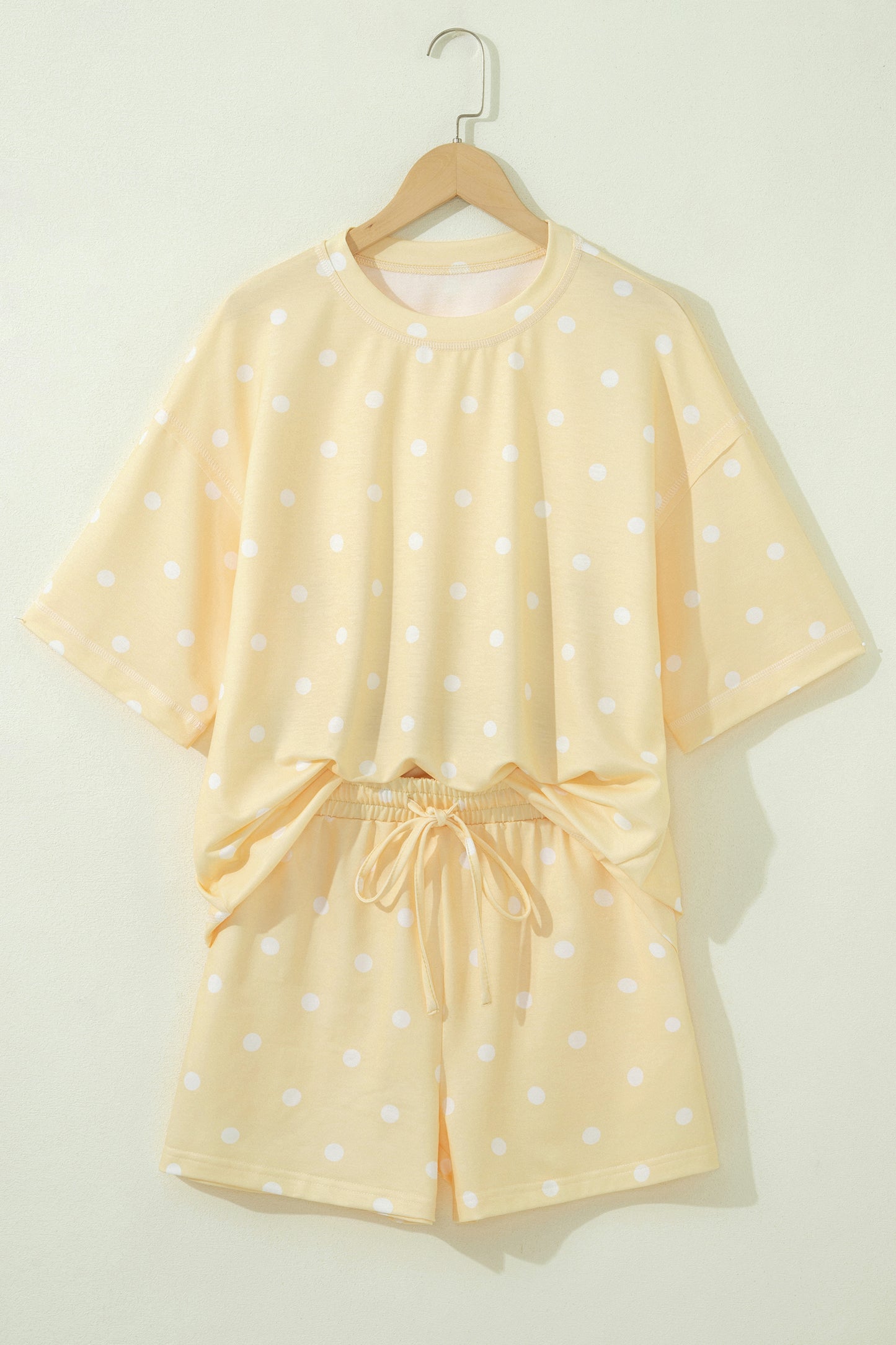 White Exposed Seam Detail Polka Dot Loose Tee Drawstring Shorts Set