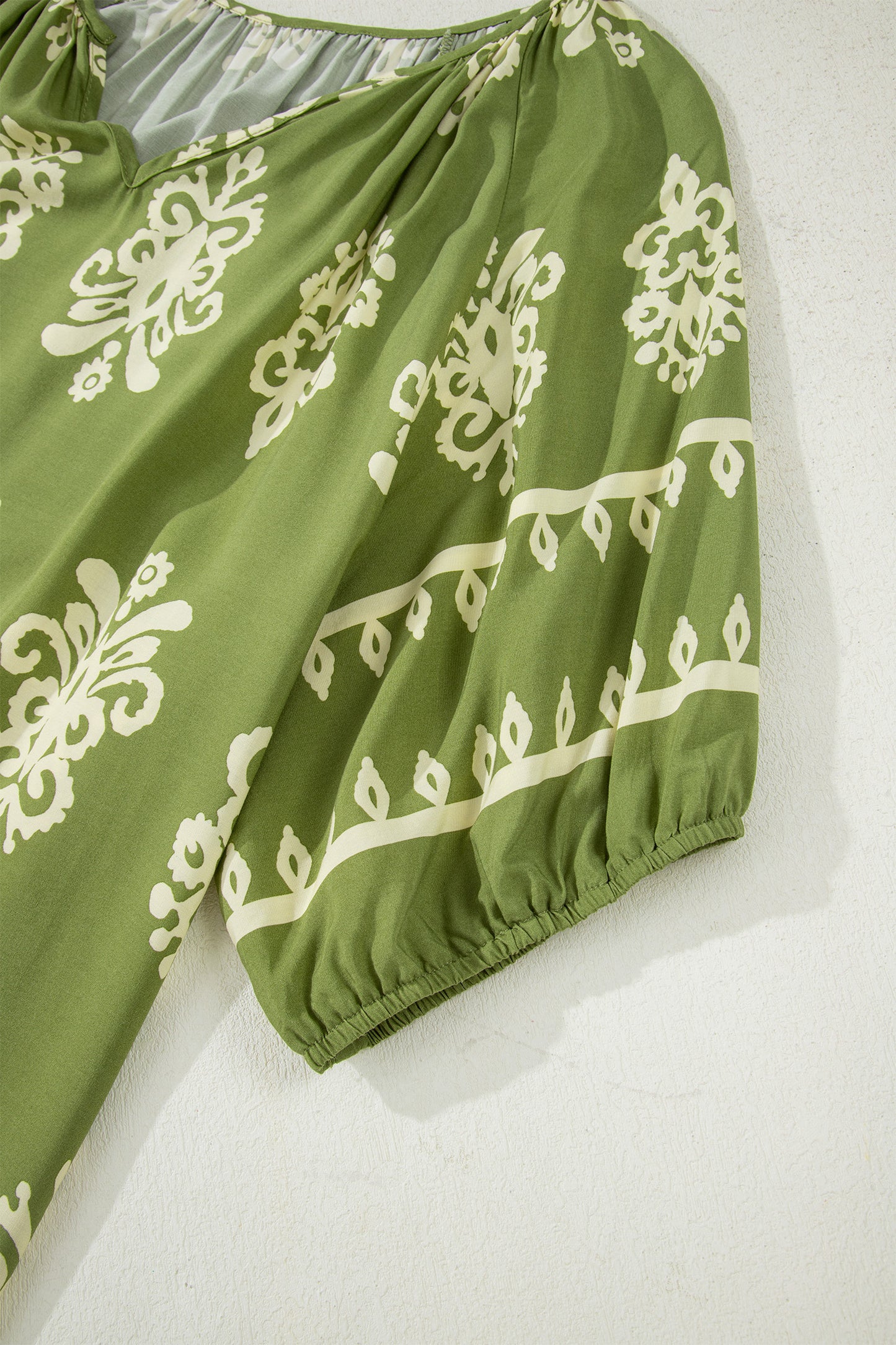 Green Boho Chic Notched V Neck Plus Floral Short Sleeve Top