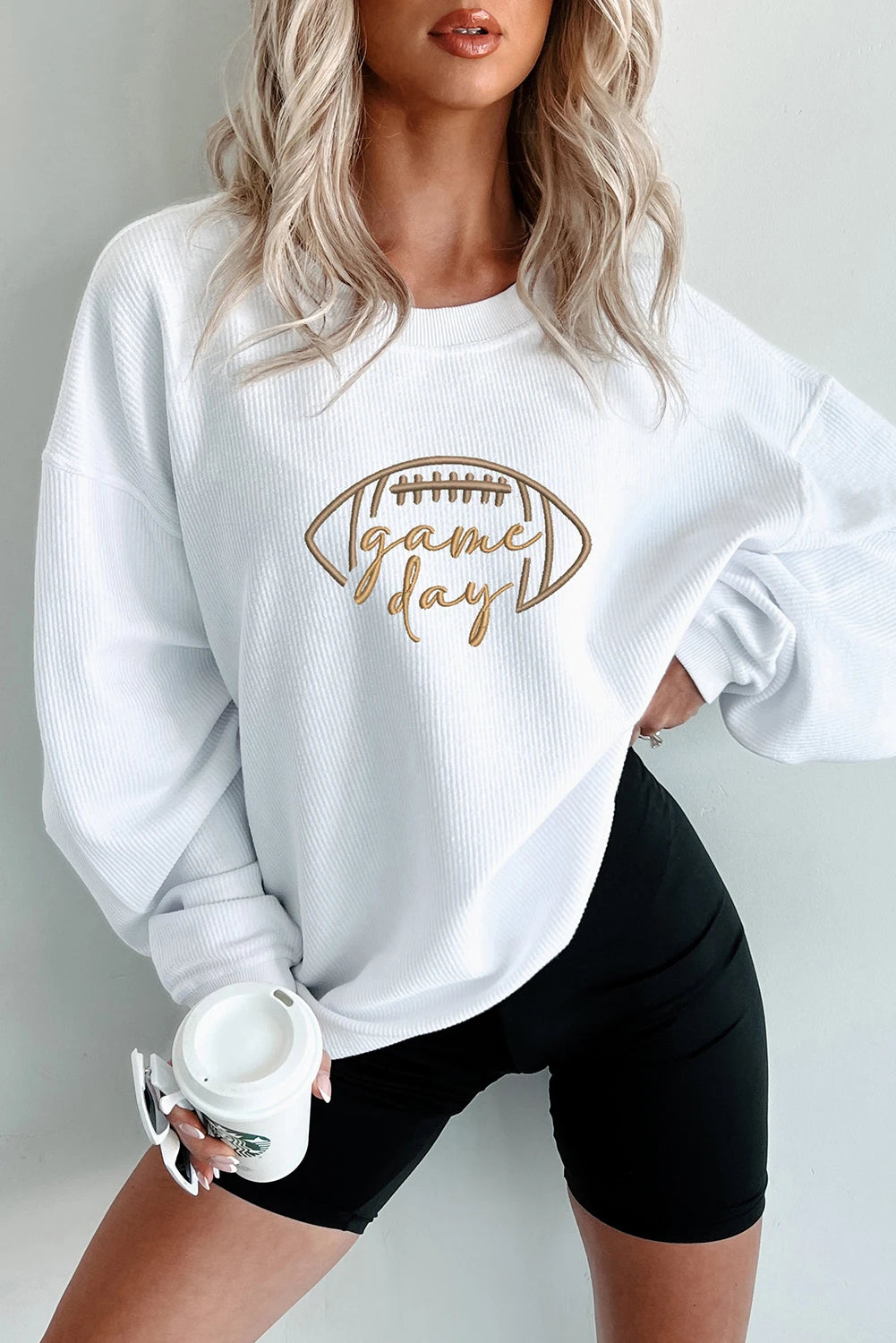 Black Rugby Game Day Embroidered Corduroy Sweatshirt