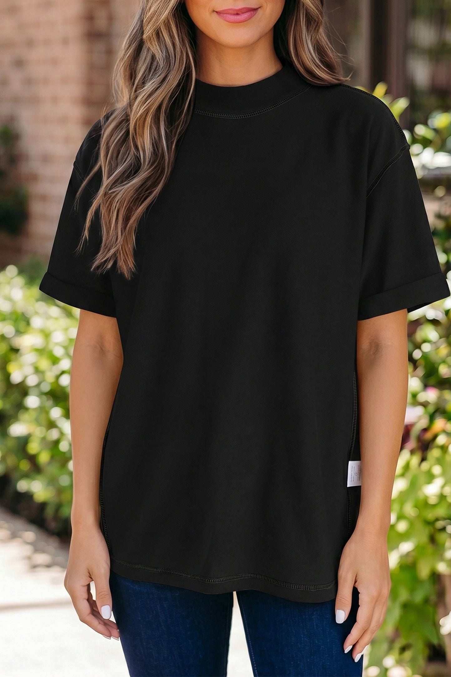 Solid Cotton Tee High Neck Oversized Casual Top