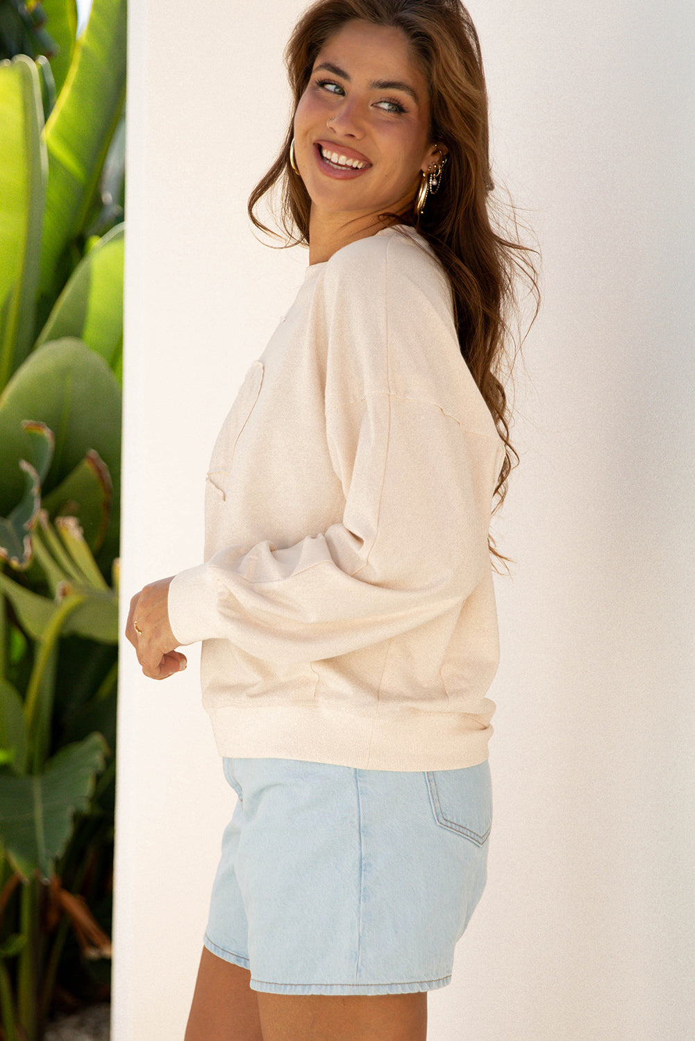 Smoke Green Raw Edge Flower Patch Drop Shoulder Casual Top