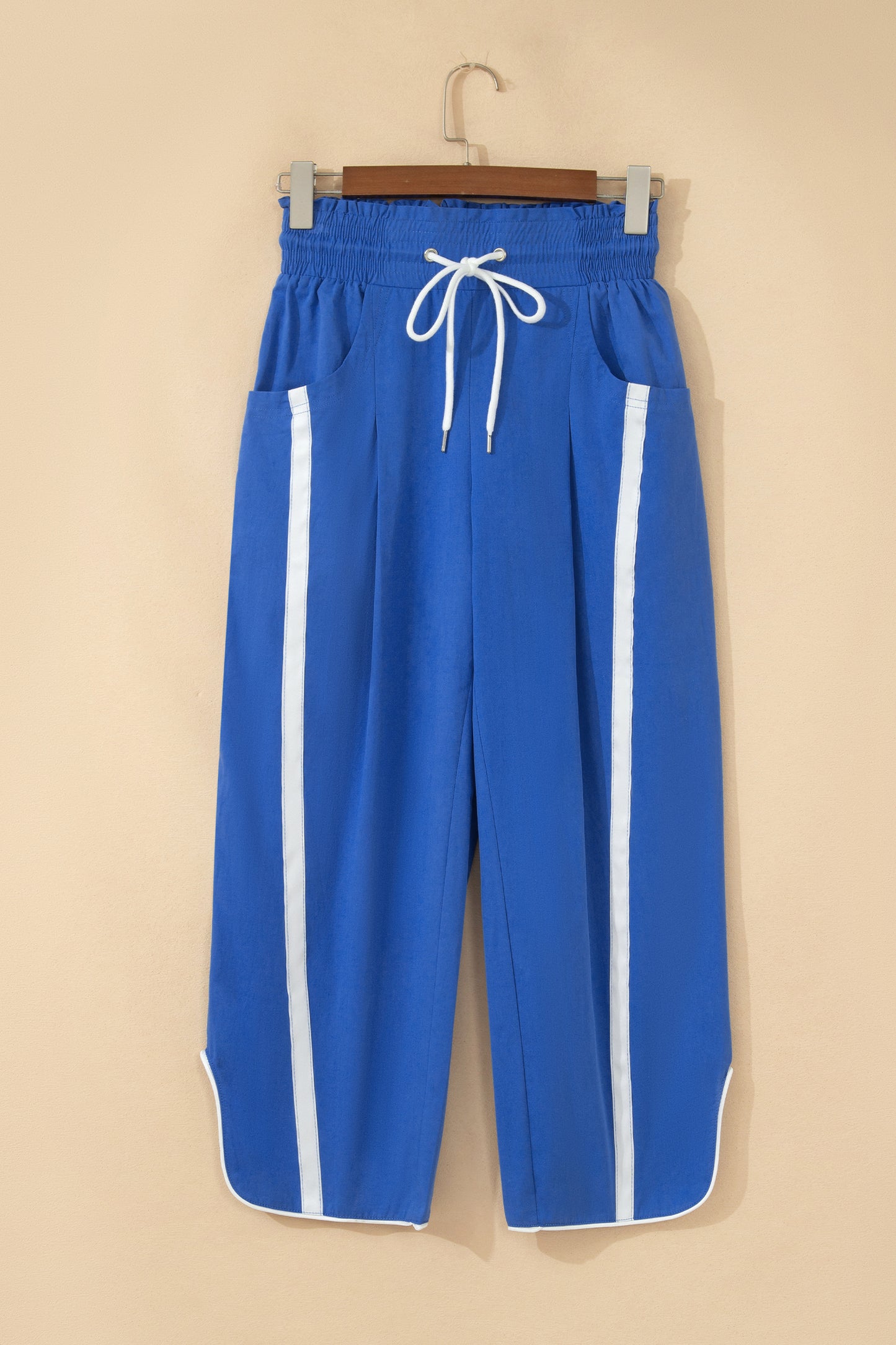Black Contrast Striped Smocked Waist Drawstring Cropped Casual Pants