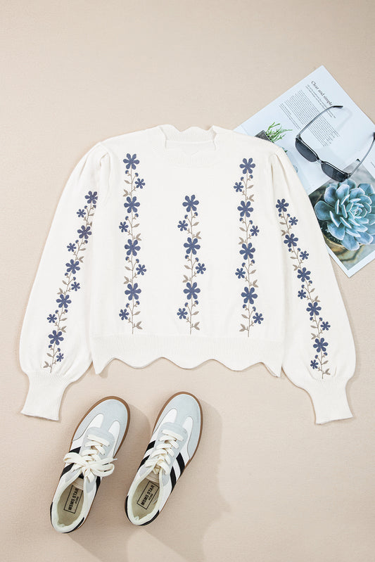 White Floral Embroidered Scallop Hem Cropped Sweater