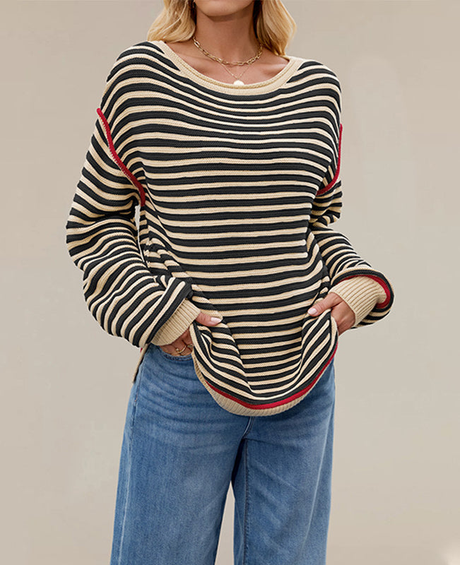 Striped Knit Pullover Sweater | Loose Fit Crewneck Top