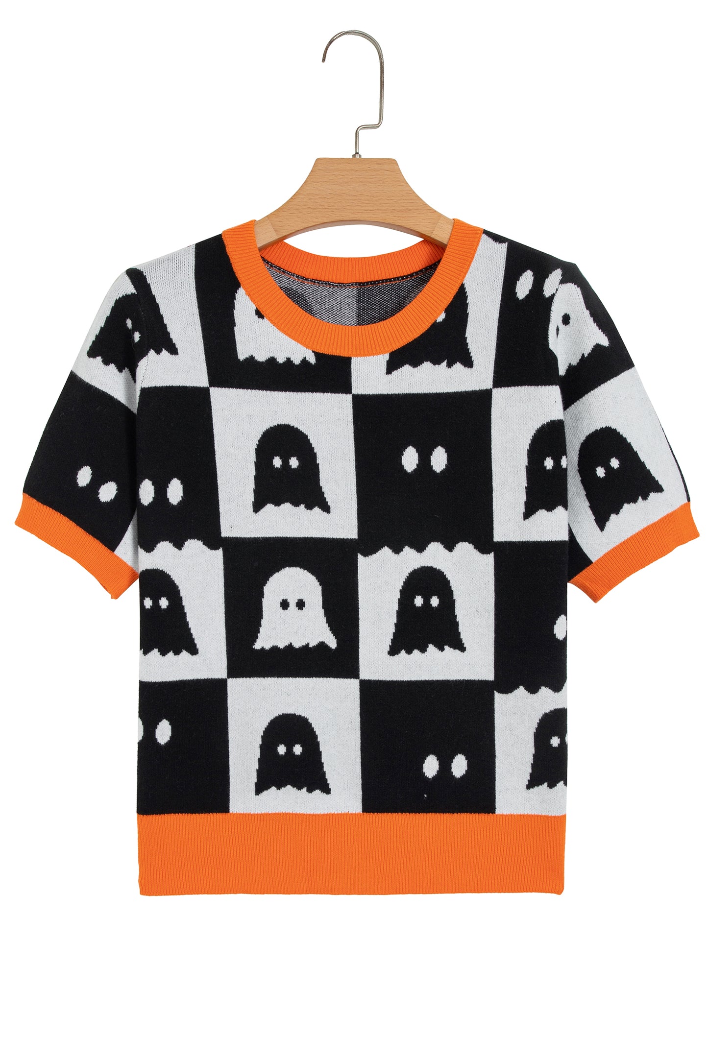 White Geometric Ghost Color Block Trim Short Sleeve Knit Sweater