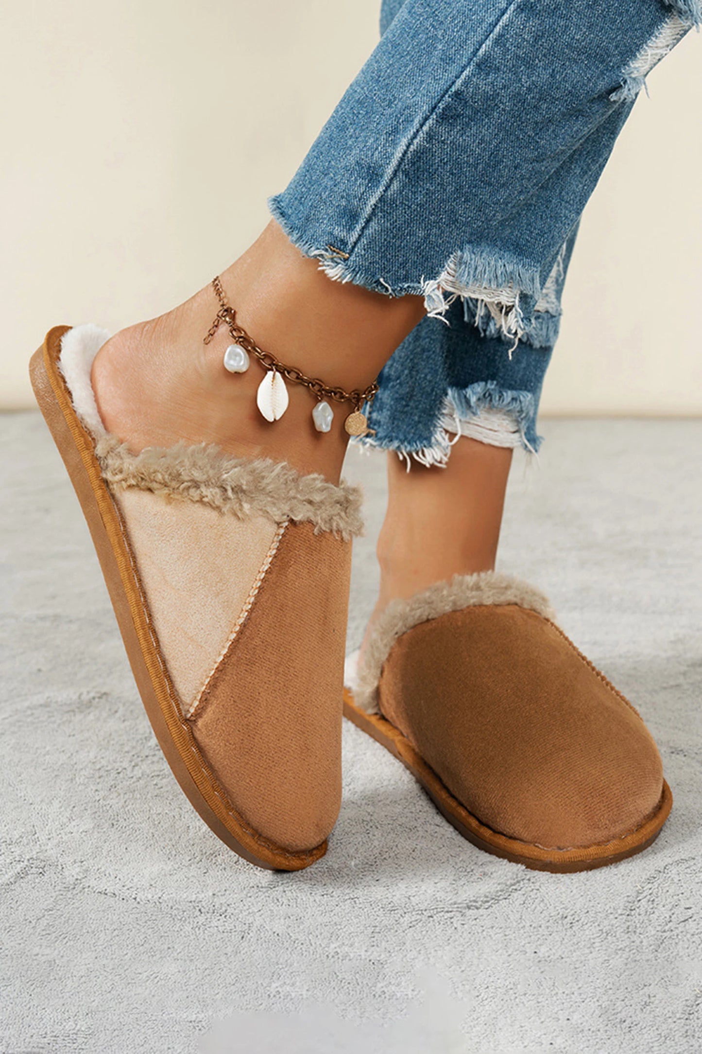 Camel Faux Suede Color Block Patchwork Sherpa Plush Lined Slippers