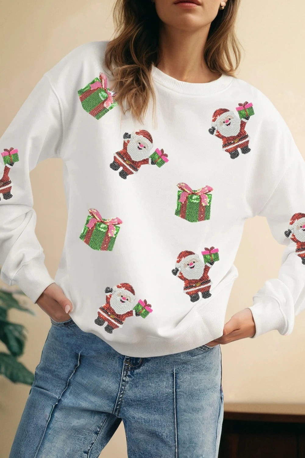Dark Green Santa Delivering Gifts Christmas Sequin Graphic Sweatshirt