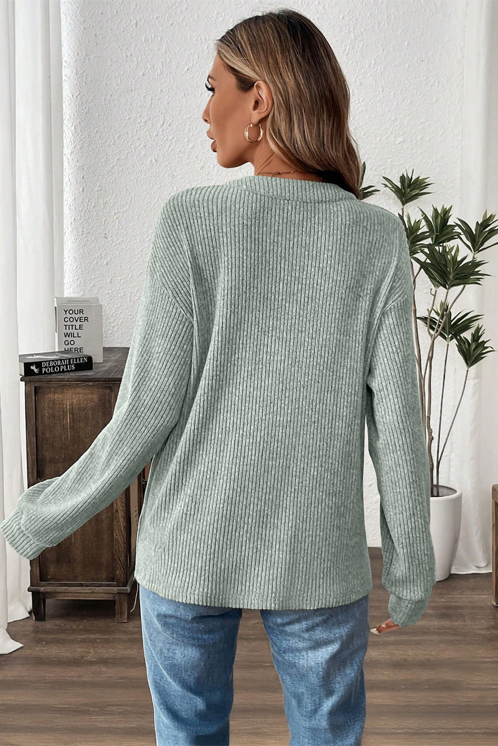 Ribbed Texture Drop Shoulder Henley Knit Top