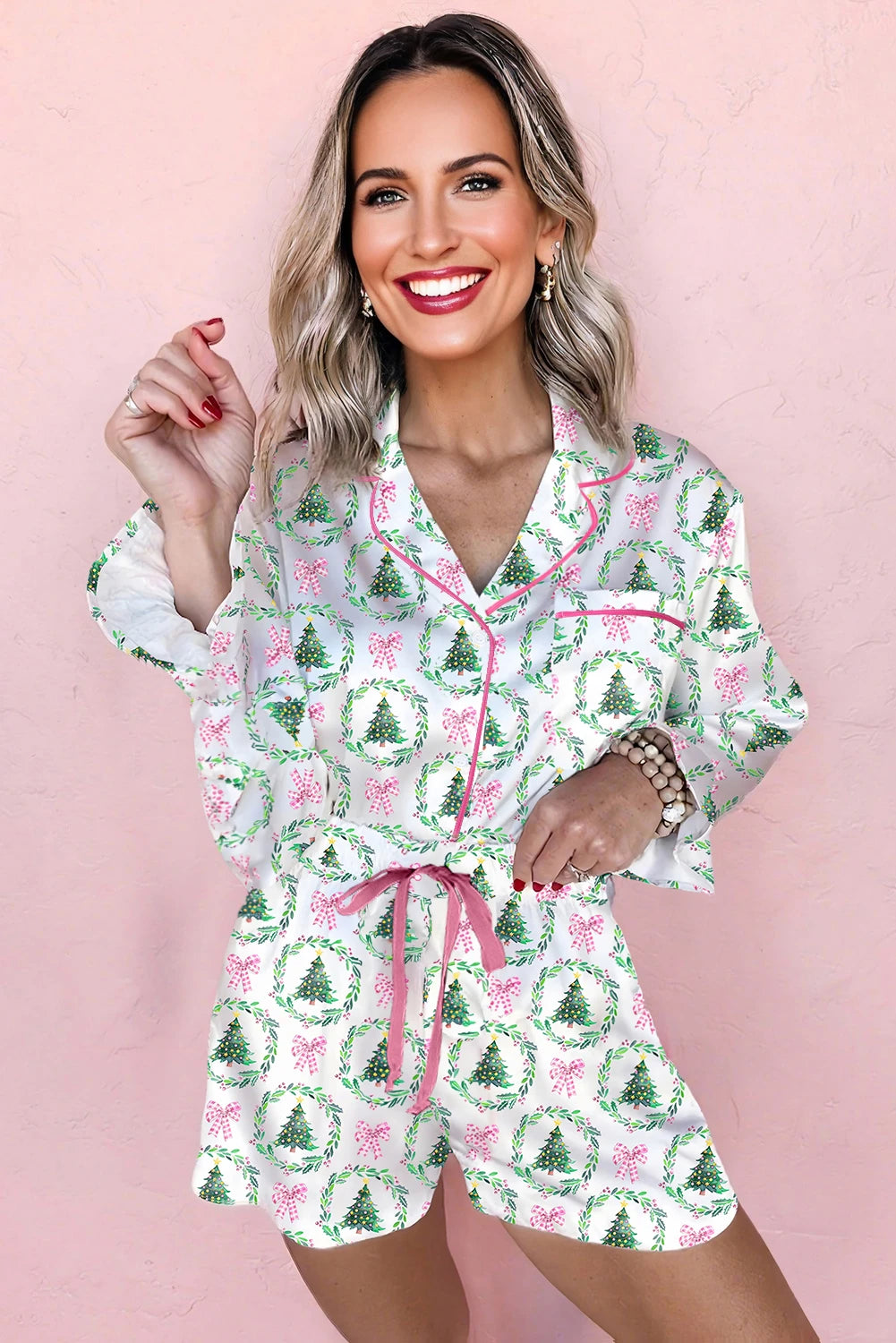 Christmas Fashion Print Velvet Trim Bow Knot Pajama 2pcs Short Set