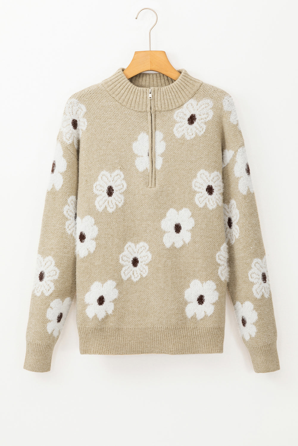 Women's Floral Pattern Half Zip Drop Shoulder Sweater