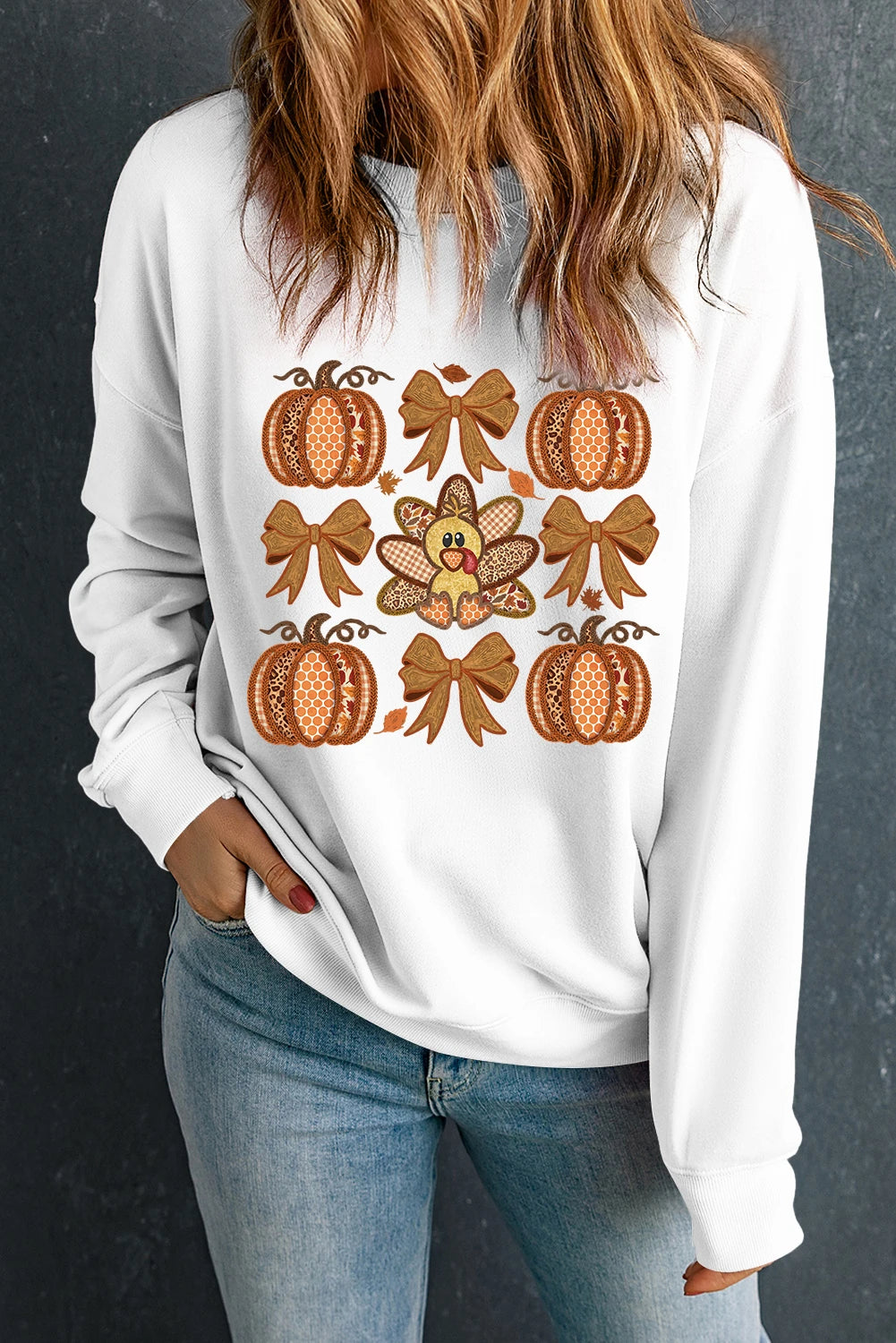 White Cute Turkey Fall Pumpkin Bow Print Drop Shoulder Sweatshirt