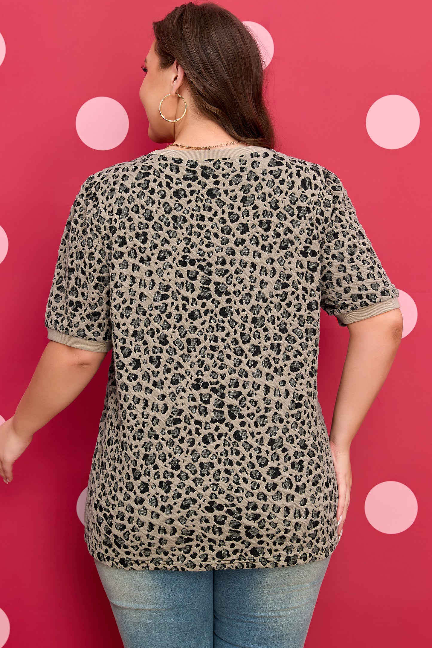 Khaki Leopard Print Textured Plus Size T Shirt