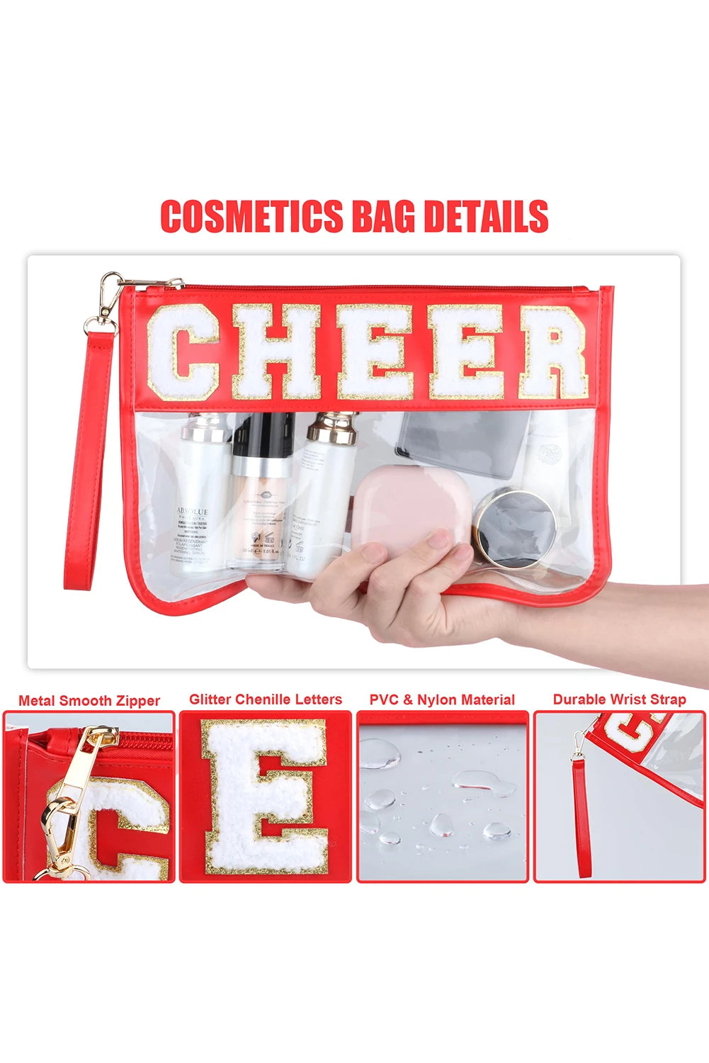 Chenille Letter PU Leather Patchwork Clear Makeup Bag