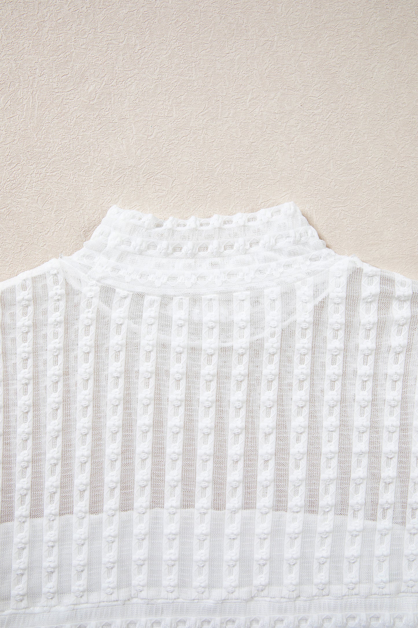 Beige Textured Sheer Lace High Neck Long Sleeve Top