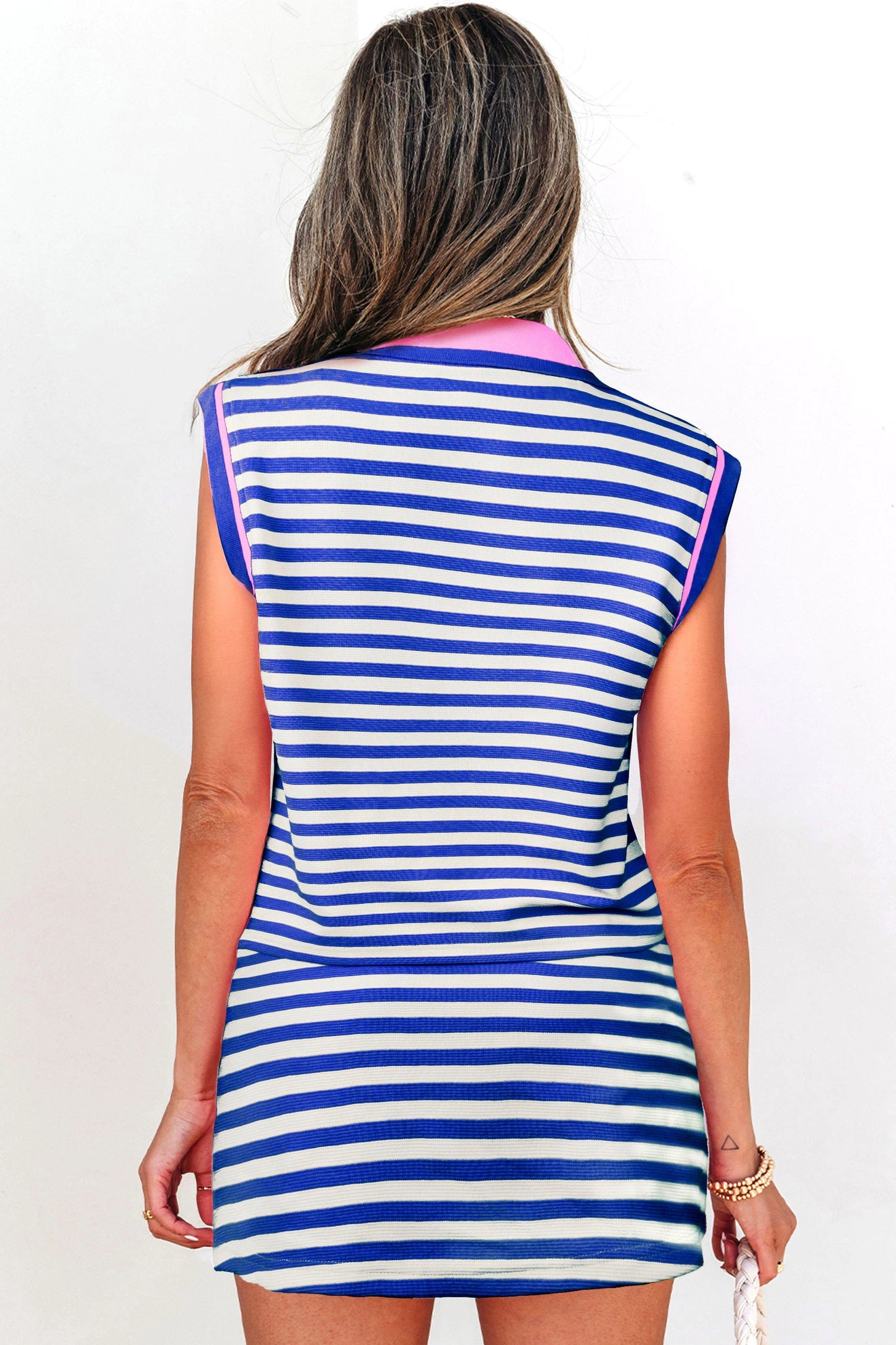 Textured Stripe Print Contrast Trim Zip Collar Sleeveless 2pcs Skort Set