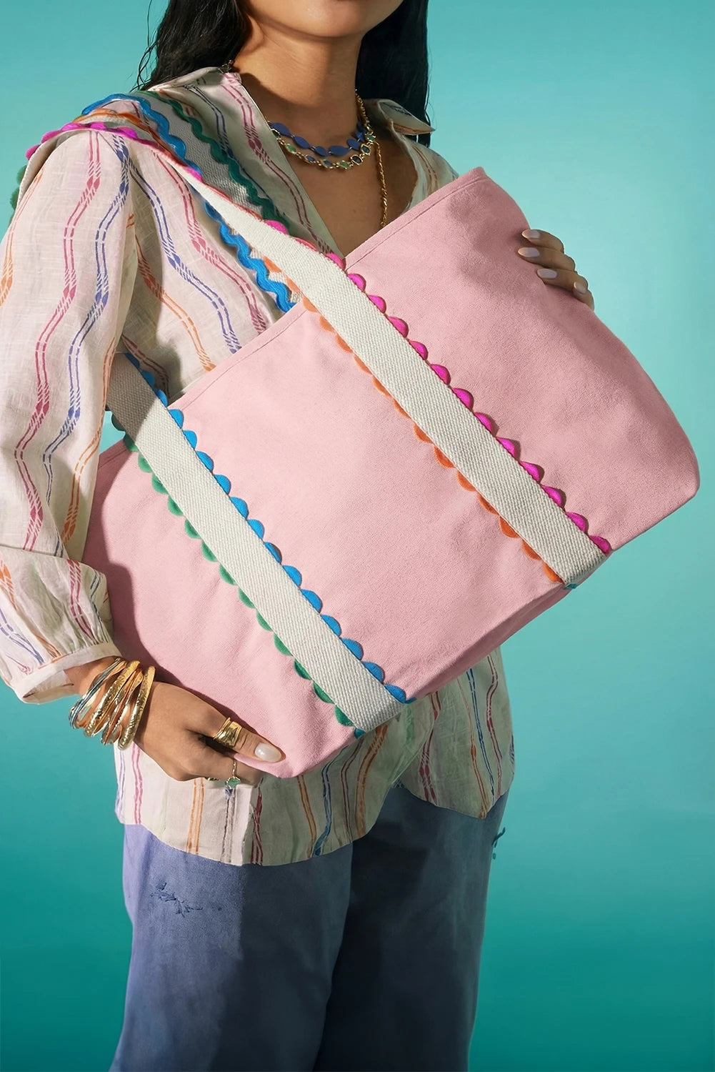 Colorful Ricrac Detail Canvas Tote Bag