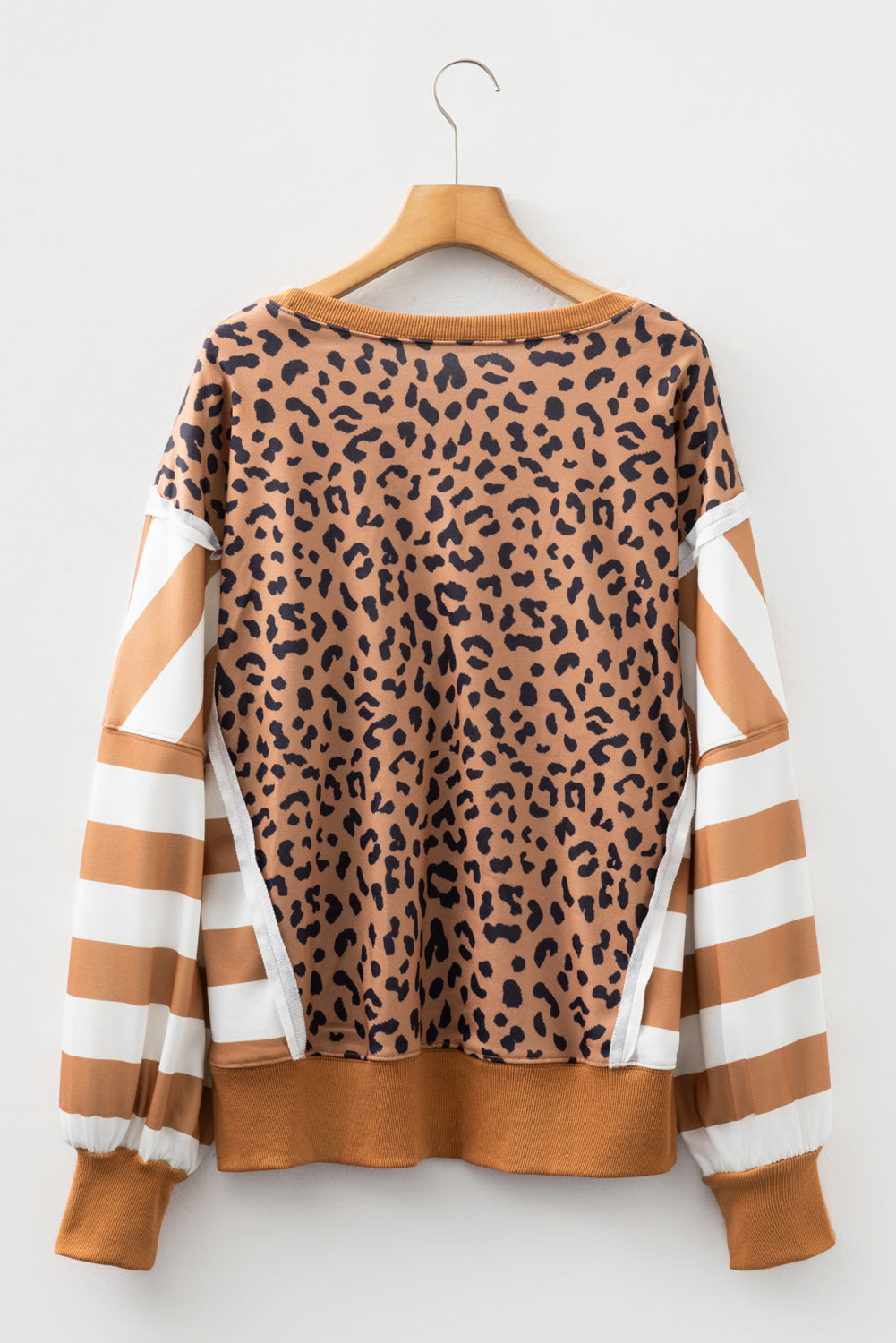 Purple Stripe Color Block Patchwork Leopard Casual Sweatshirt with Slits