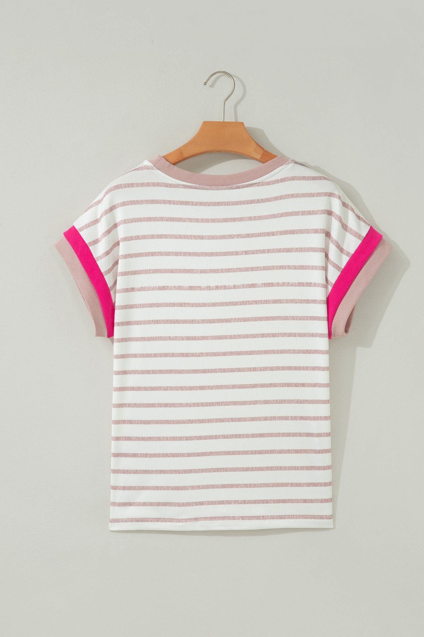 Khaki Stripe Color Block Trim Round Neck Short Sleeve Top