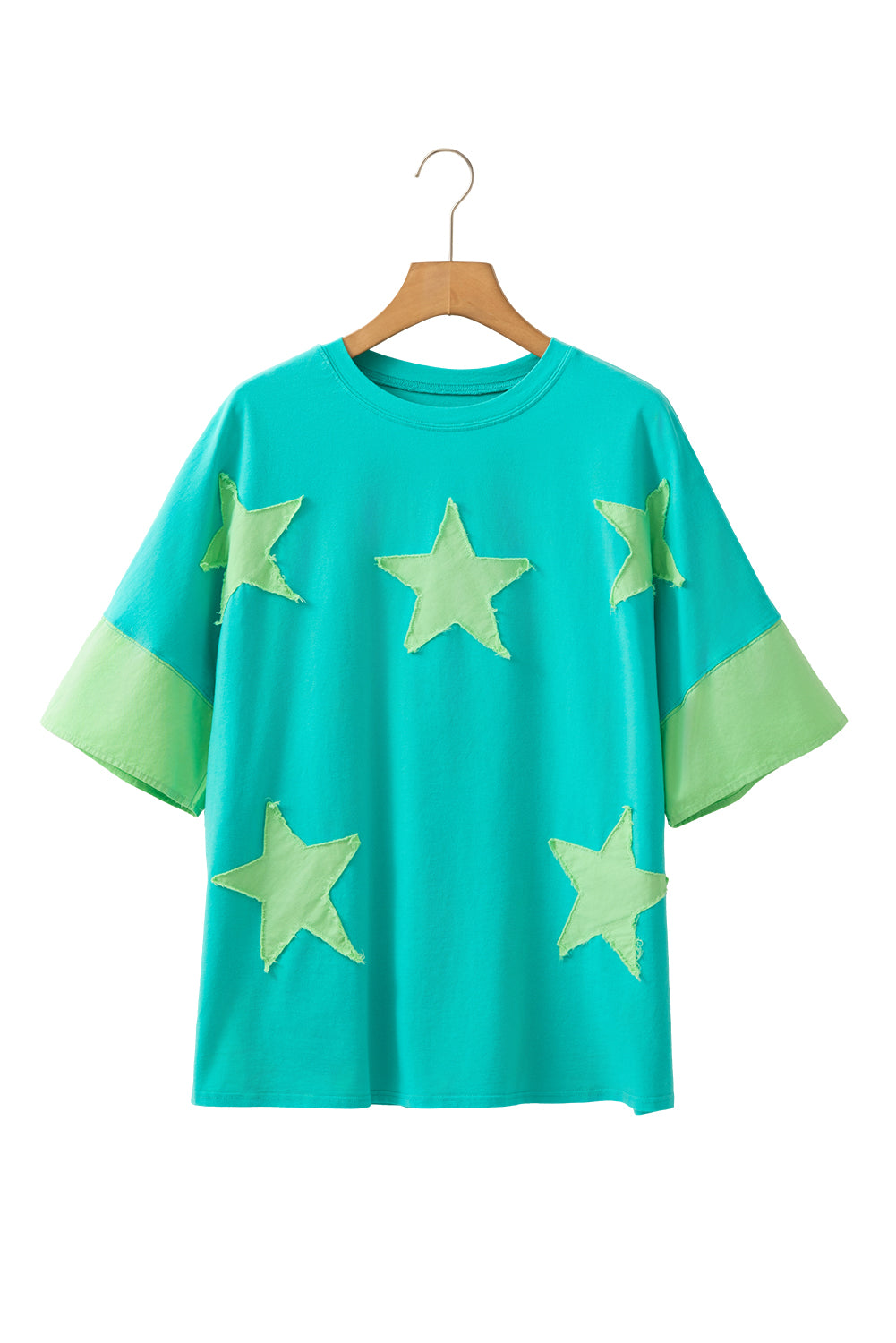Smoke Green Frayed Denim Star Patched Oversize T Shirt
