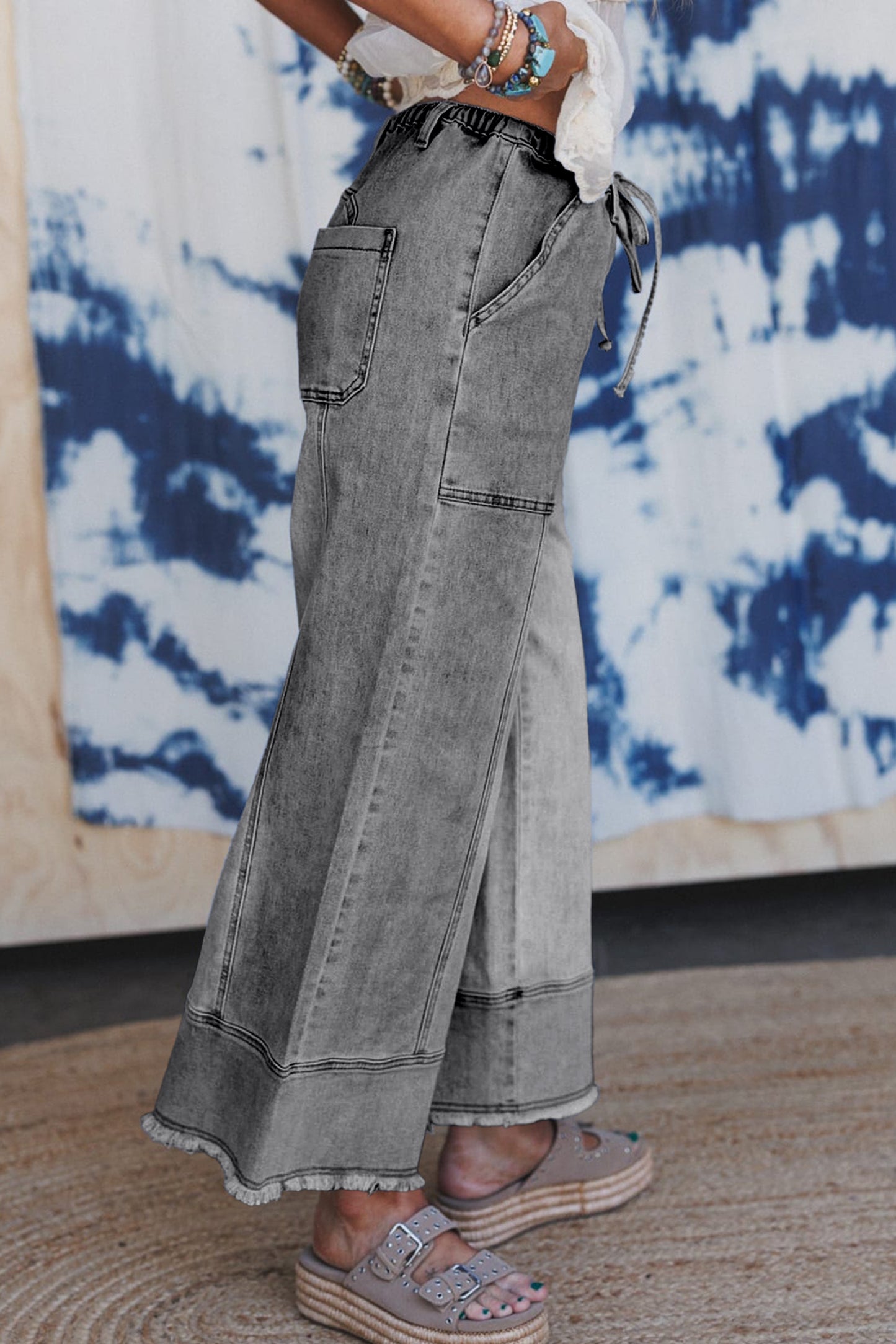 Beau Blue Drawstring Seam Detail Raw Hem Wide Leg Denim Pants