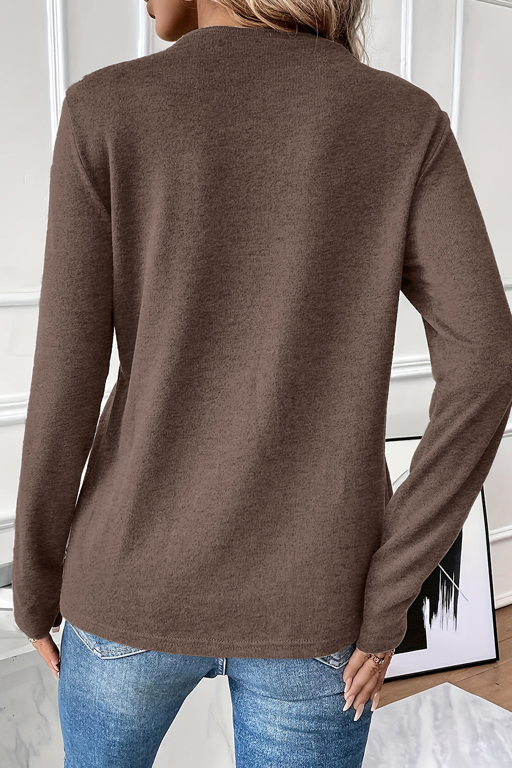 Black Solid Exposed Seam Crew Neck Long Sleeve Top