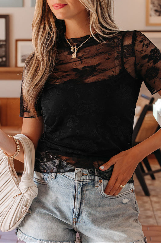 Black Floral Lace Mesh Short Sleeve Sheer Top