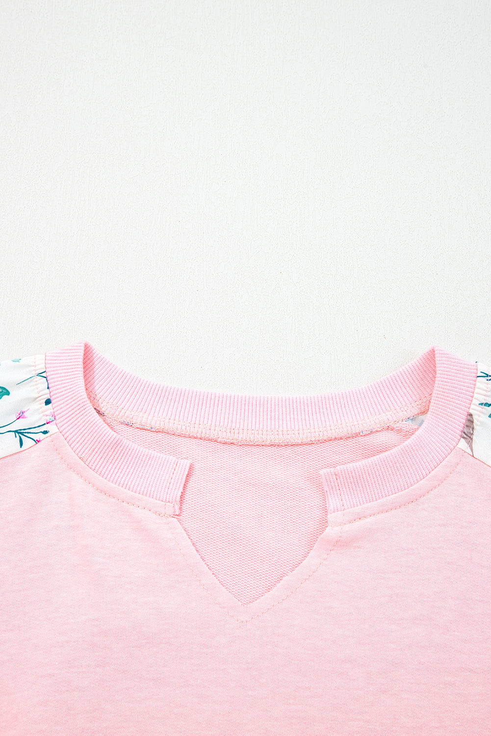 Light Pink Floral Colorblock Patchwork Chest Pocket Notched Neck Long Sleeve Top