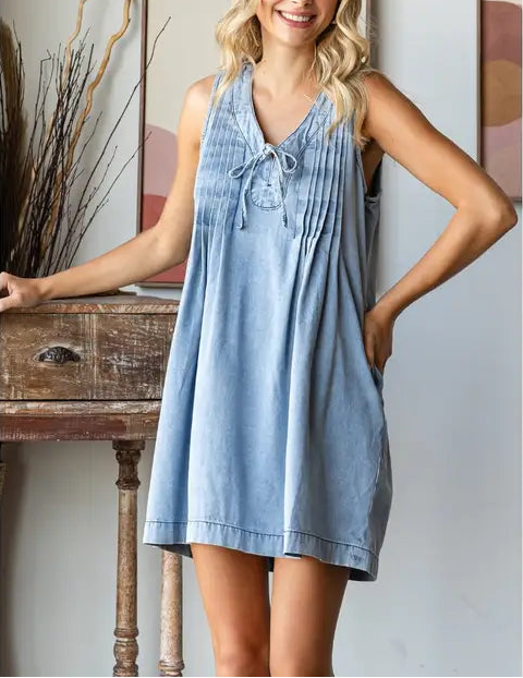 Washed Denim V Neck Mini Dress with Pockets
