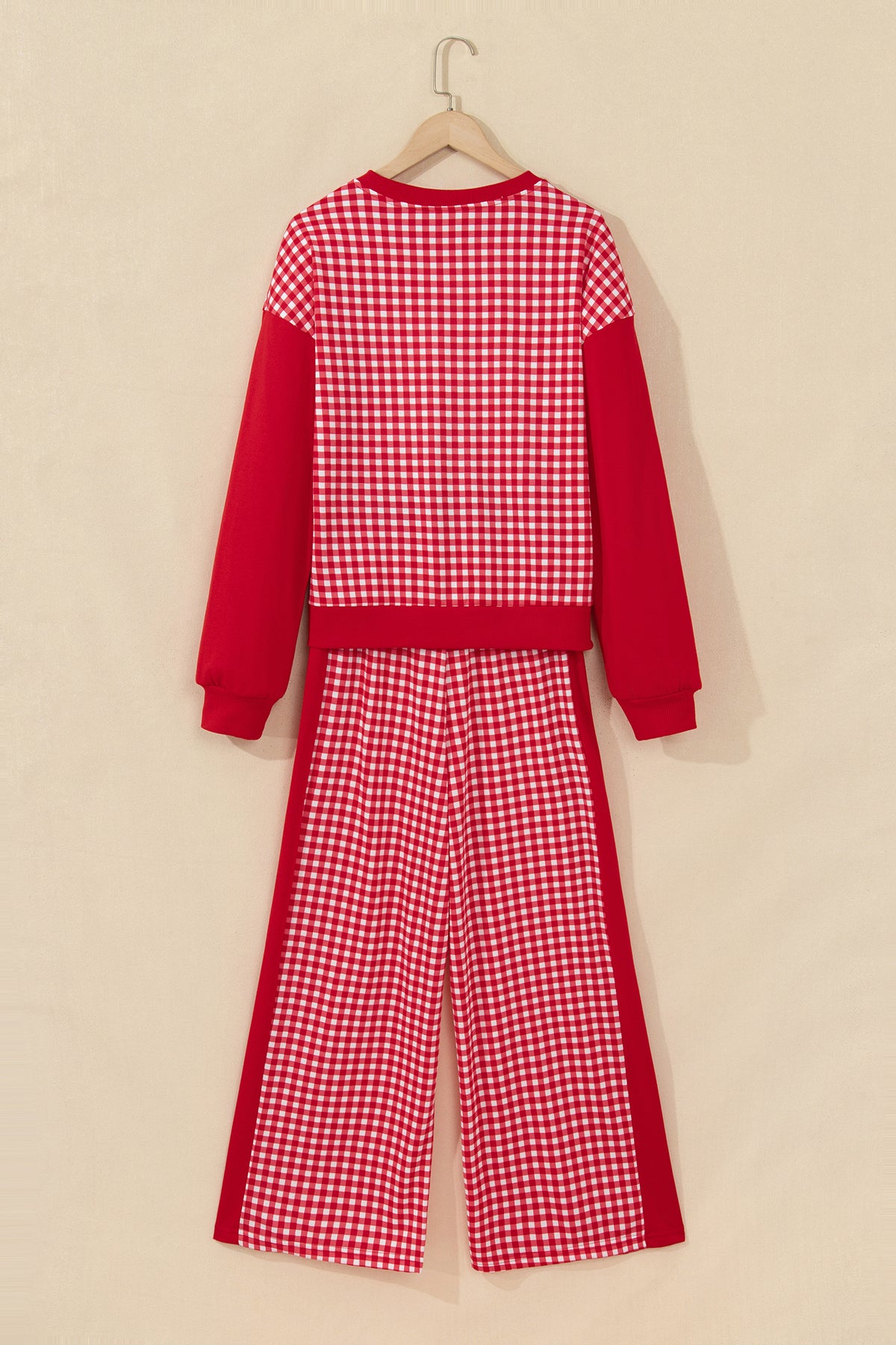 Khaki Color Block Plaid Patchwork Long Sleeve Pullover Wide Leg Pant Set