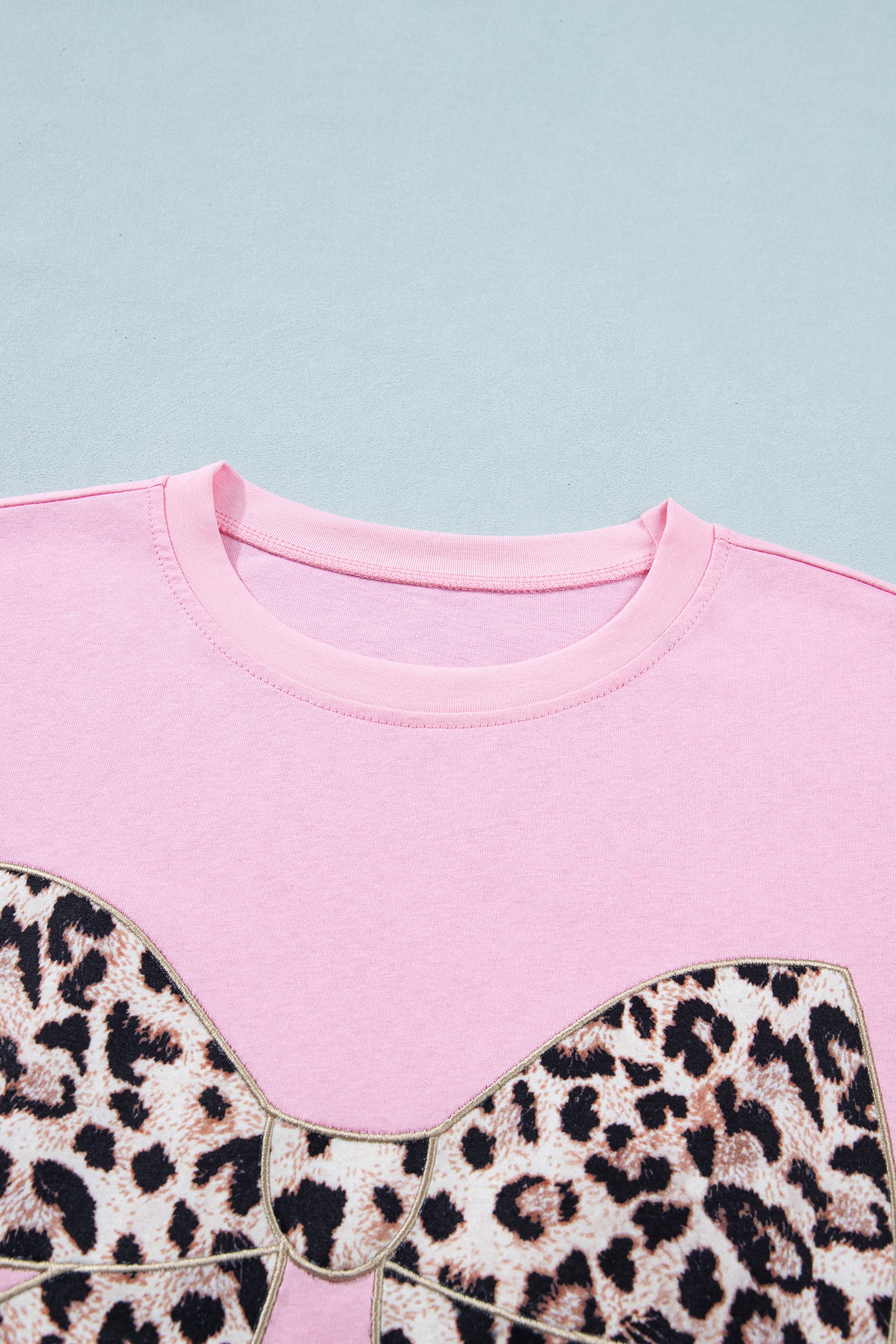 White Leopard Bow Embroidered Cotton Round Neck T Shirt