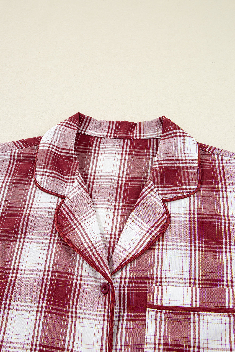 Red Retro Plaid Long Sleeve Shirt Drawstring Shorts 2pcs Lounge Set