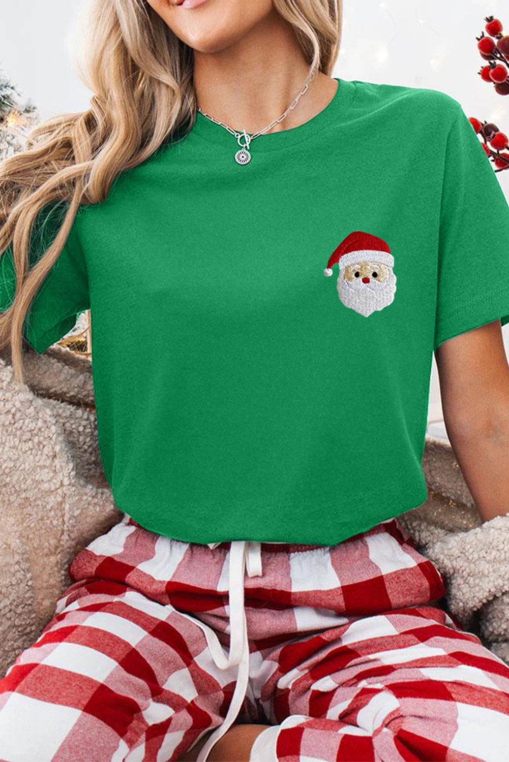Bright Green Santa Clause Embroidered T Shirt