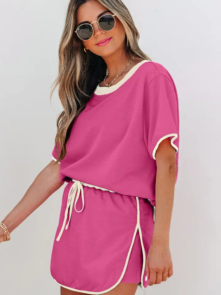 Bonbon Colorblock Edge Drop Shoulder T Shirt and Skort 2Pcs Set