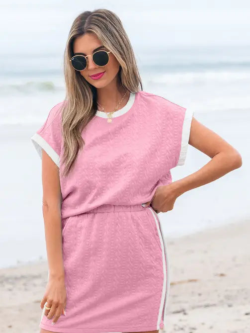 Beau Blue Contrast Trim Textured Crewneck Tee and Pocketed Skirt Set