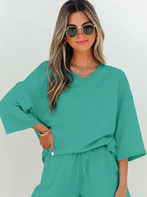 Meadow Mist Green Solid Loose V Neck Half Sleeve Tee and Shorts