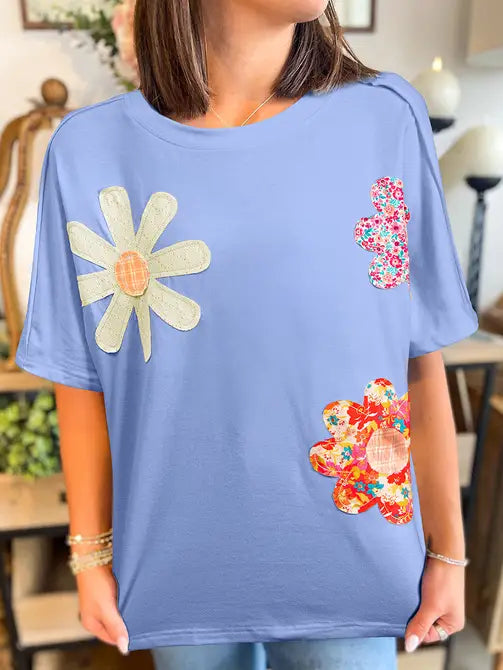 Apricot Flower Patched Exposed Stitching Trim Crew Neck Loose Tee