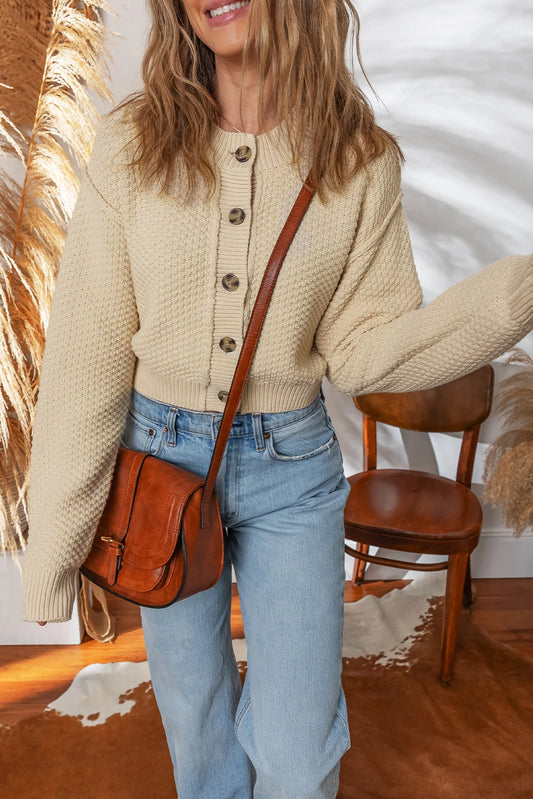 Beige Button Front Cropped Cardigan Sweater