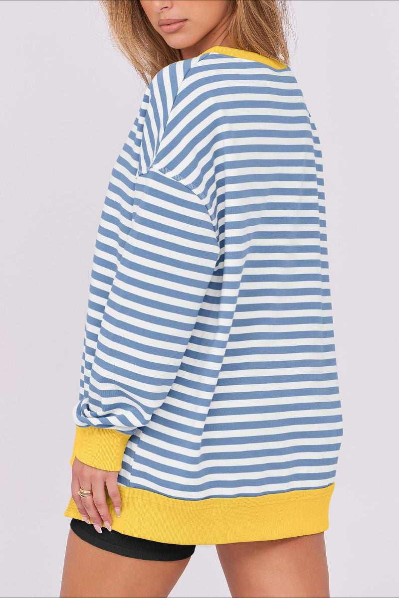Striped V-Neck Pullover Sweatshirt with Contrast Trim