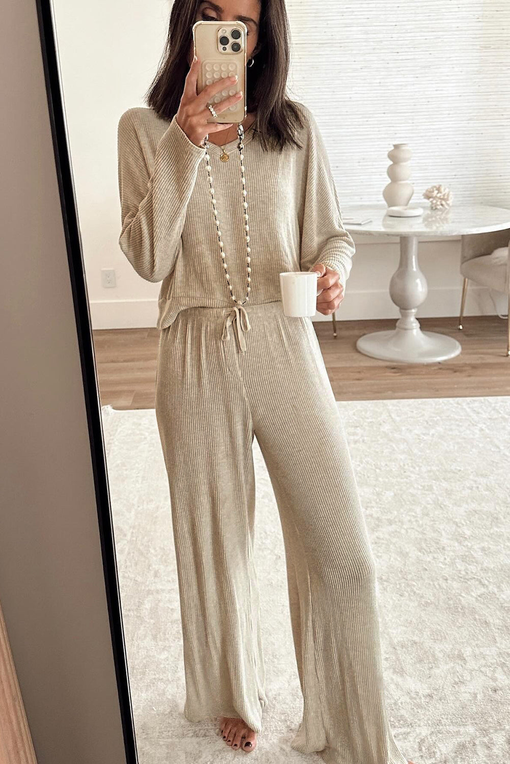 Jet Stream 3D Ribbed V Neck Pullover Drawstring Pants 2 Piece Lounge Set