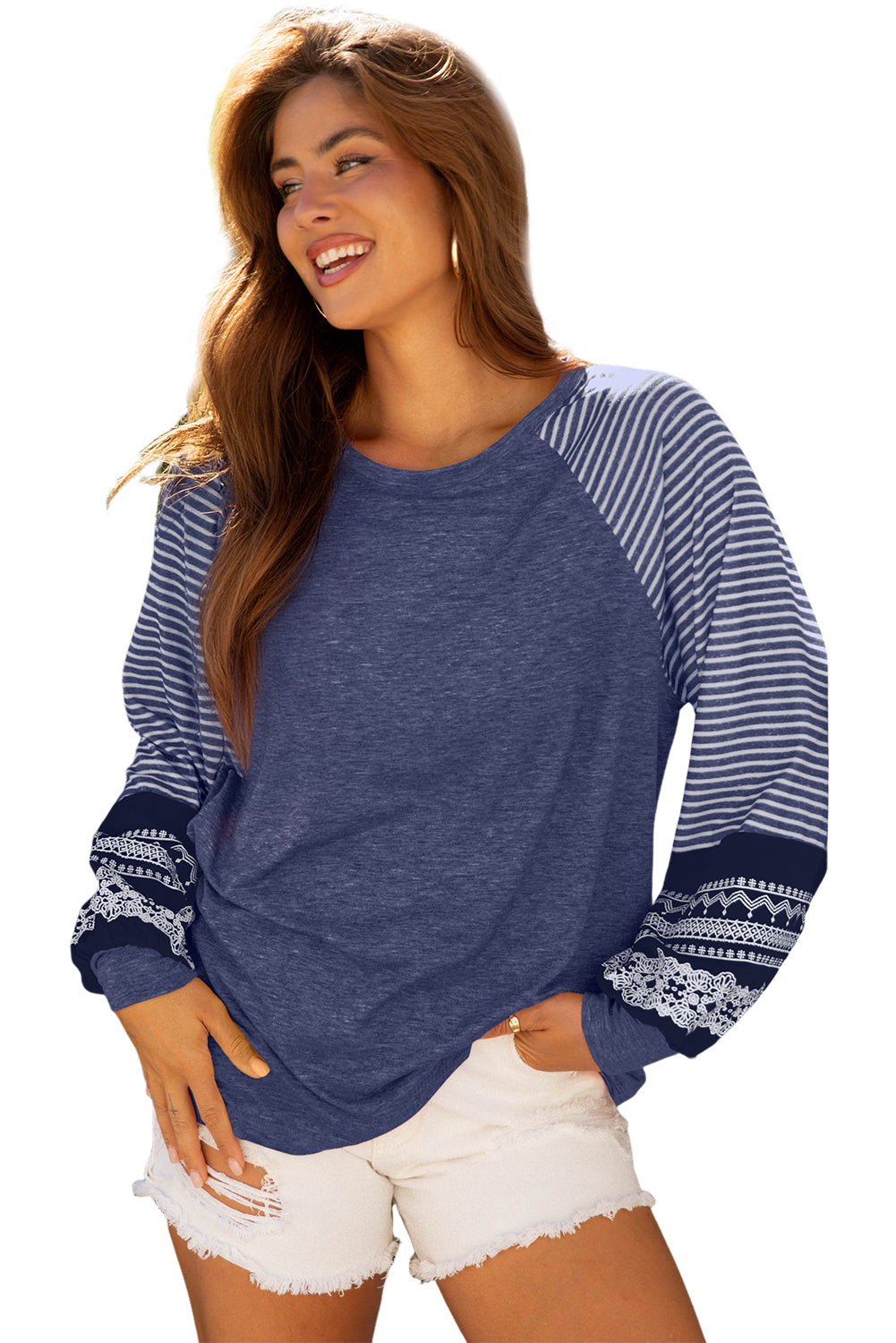 Tillandsia Purple Contrast Print Striped Raglan Long Sleeve Loose Top