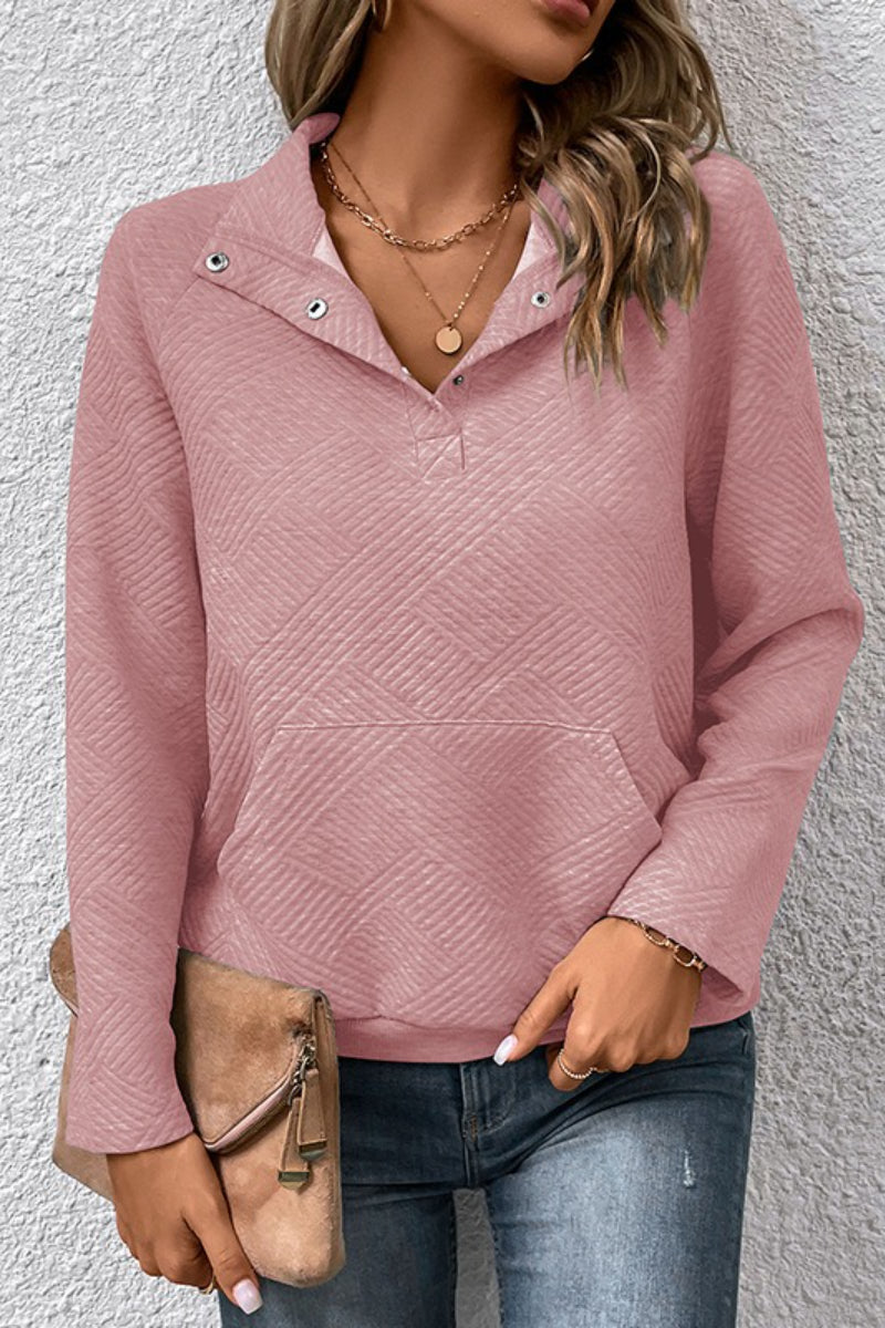 Textured Polyester Sweatshirt Casual Boutique Snap Collar