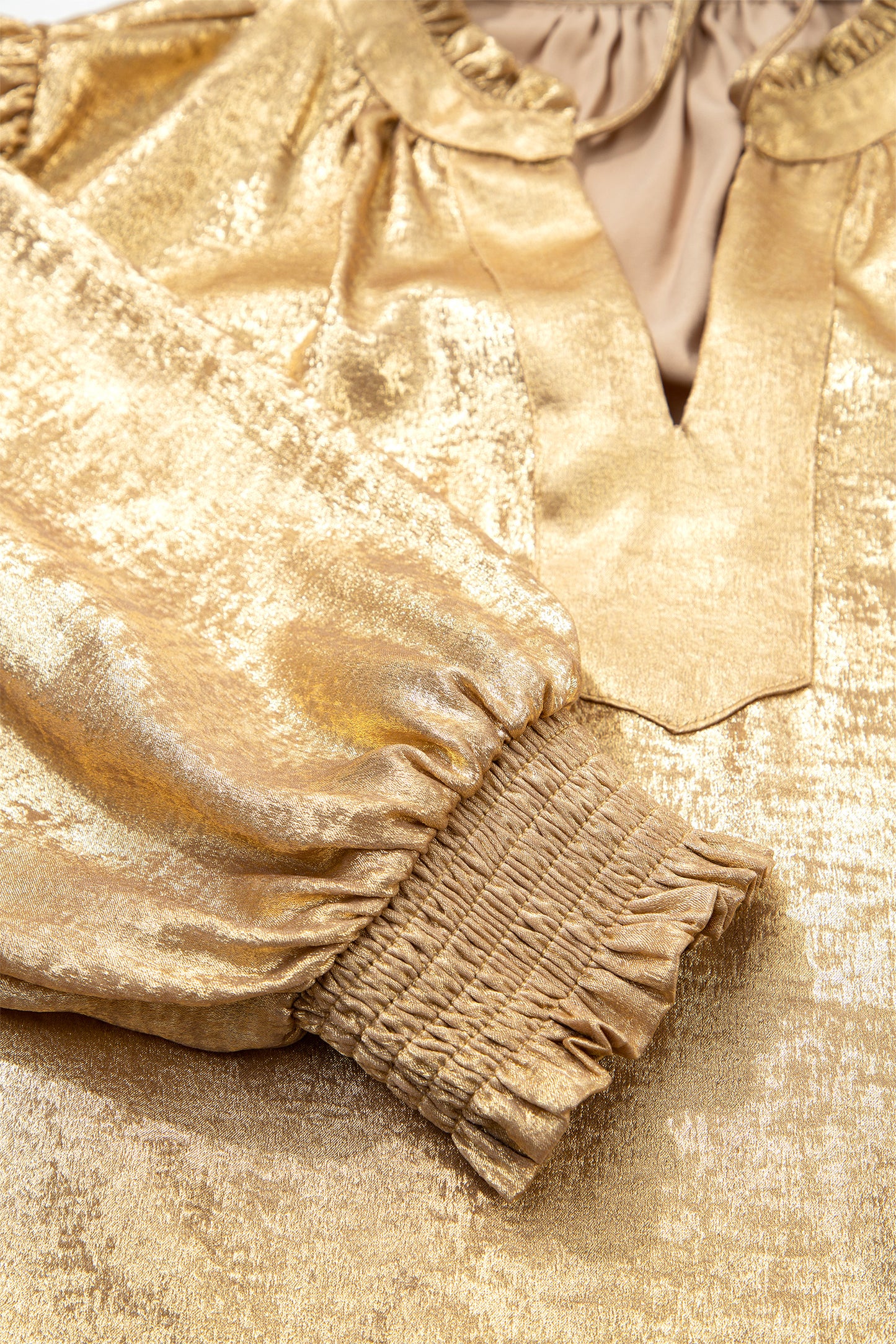 Gold Metallic Sheen V Neck Gathered Cuff Long Sleeve Blouse