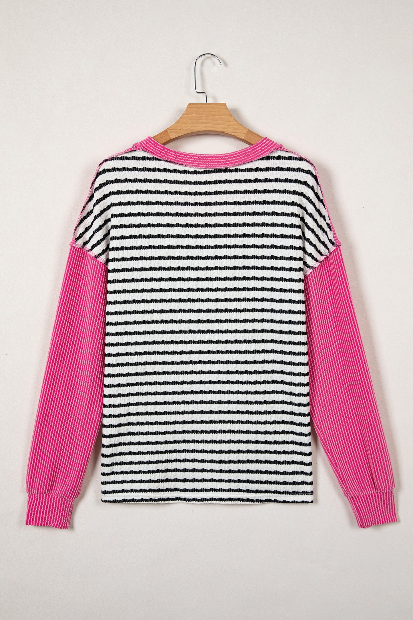 Black Stripe Textured Knit Twisted Rib Contrast Patchwork V Neck Long Sleeve Top