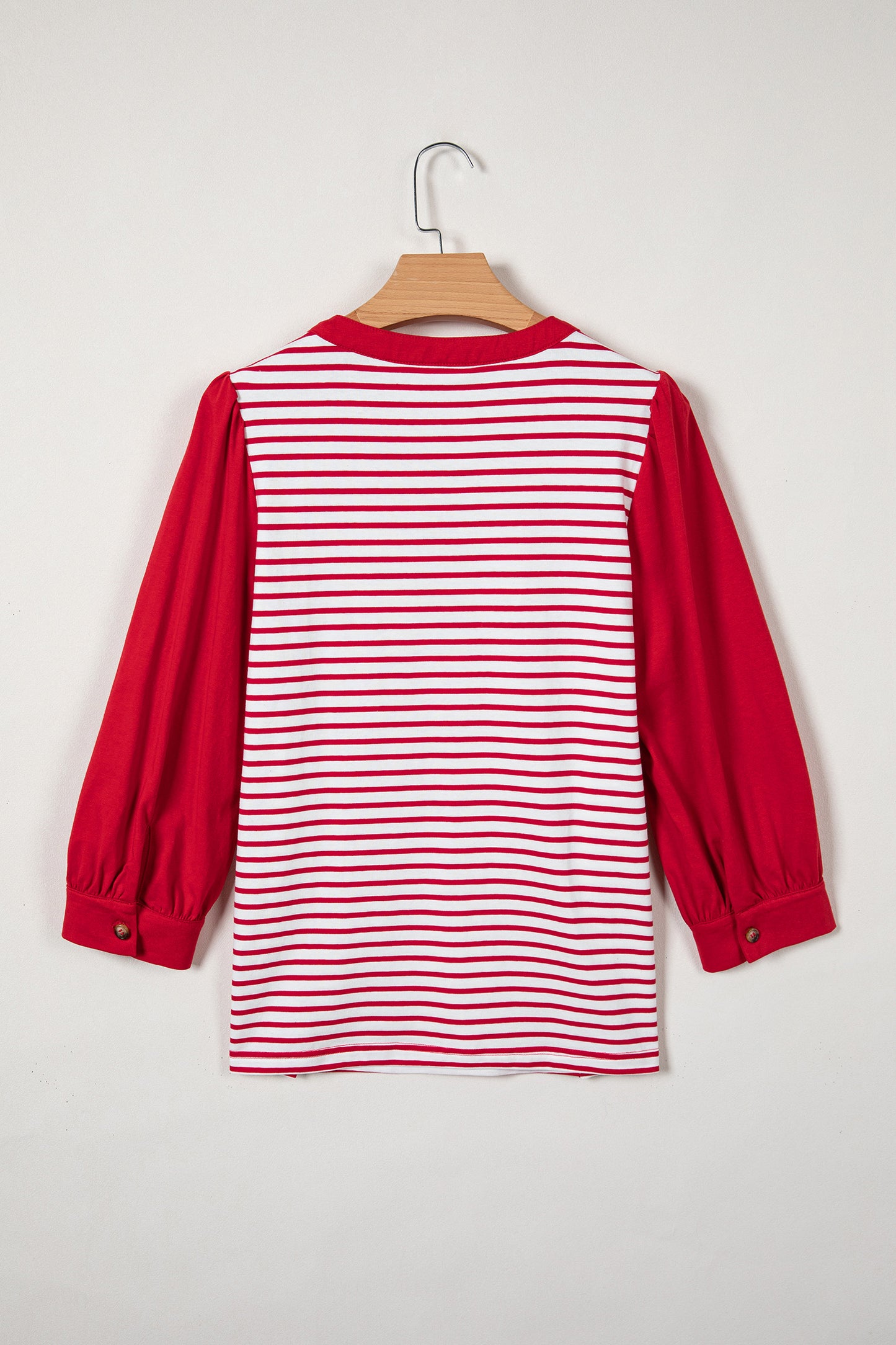 Red Stripe Half Placket V Neck Contrast 3/4 Sleeve Patchwork Top