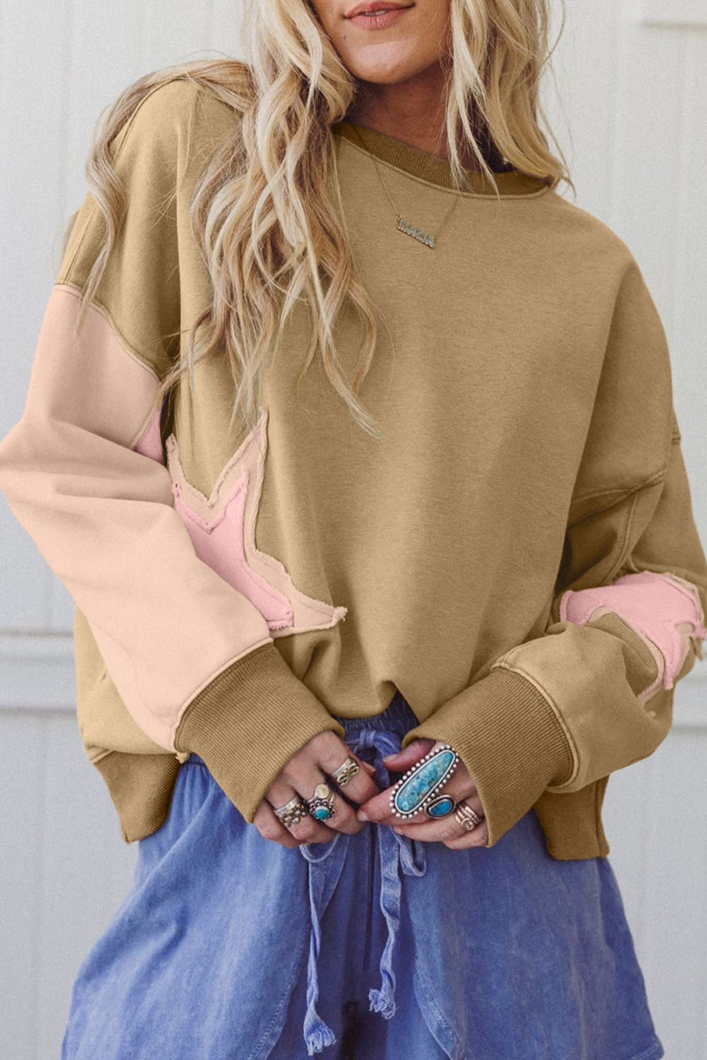 Rose Pink Contrast Star Patchwork Exposed Seam Uneven Hem Drop Shoulder Sweatshirt