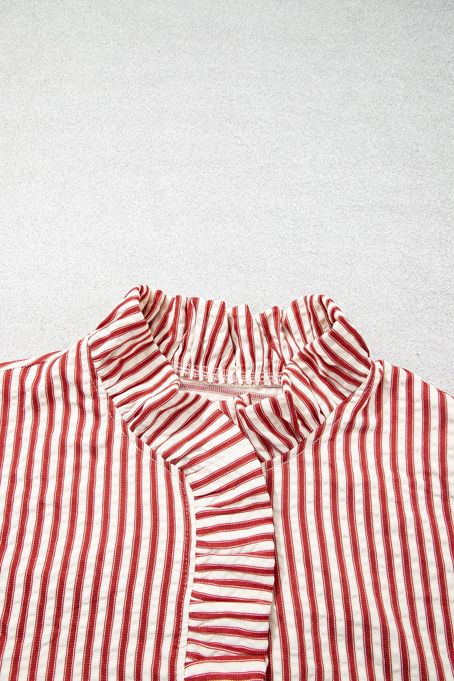 Red Stripe Textured Ruffle Trim Button-Up Long Sleeve Shirt