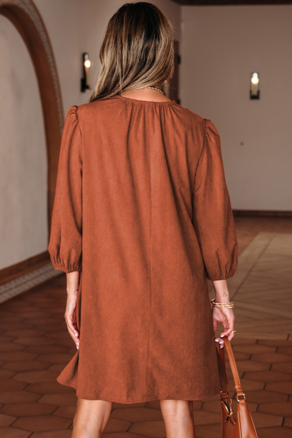 Cinnamon Bracelet Sleeve Split Neck Scallop Detail Pleated Corduroy Mini Dress