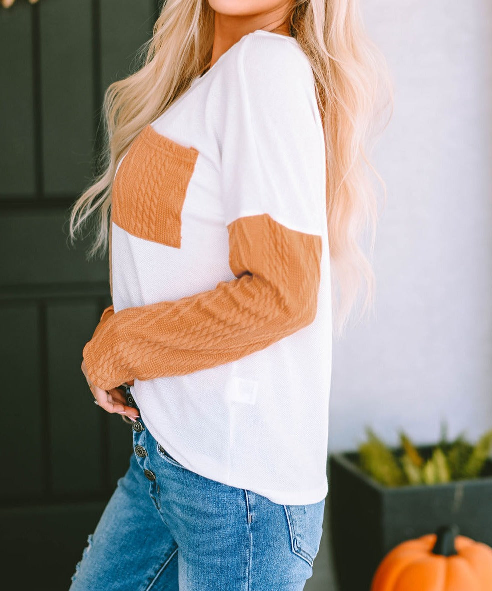 Orange Long Sleeve Colorblock Chest Pocket Textured Knit Top