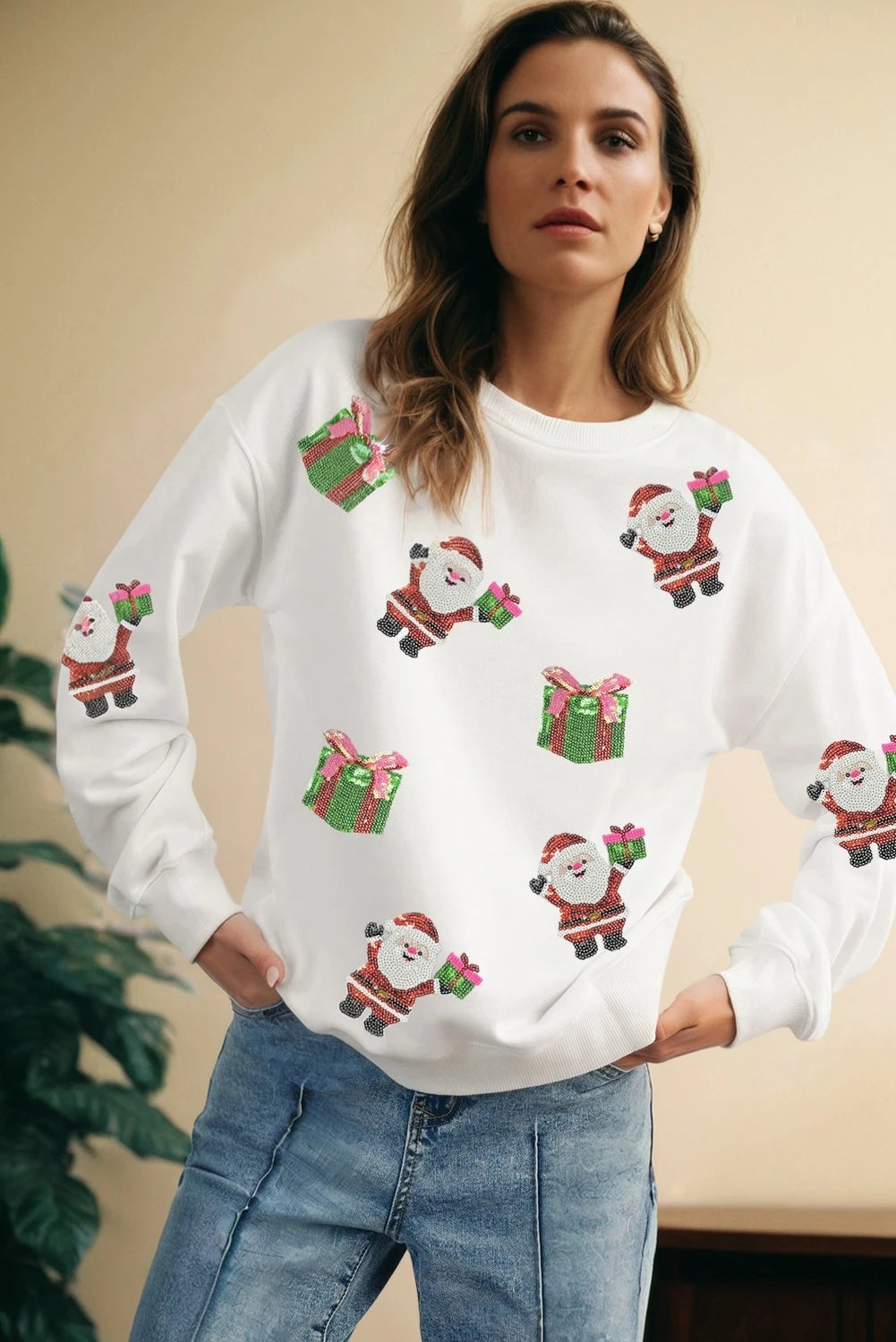 Dark Green Santa Delivering Gifts Christmas Sequin Graphic Sweatshirt