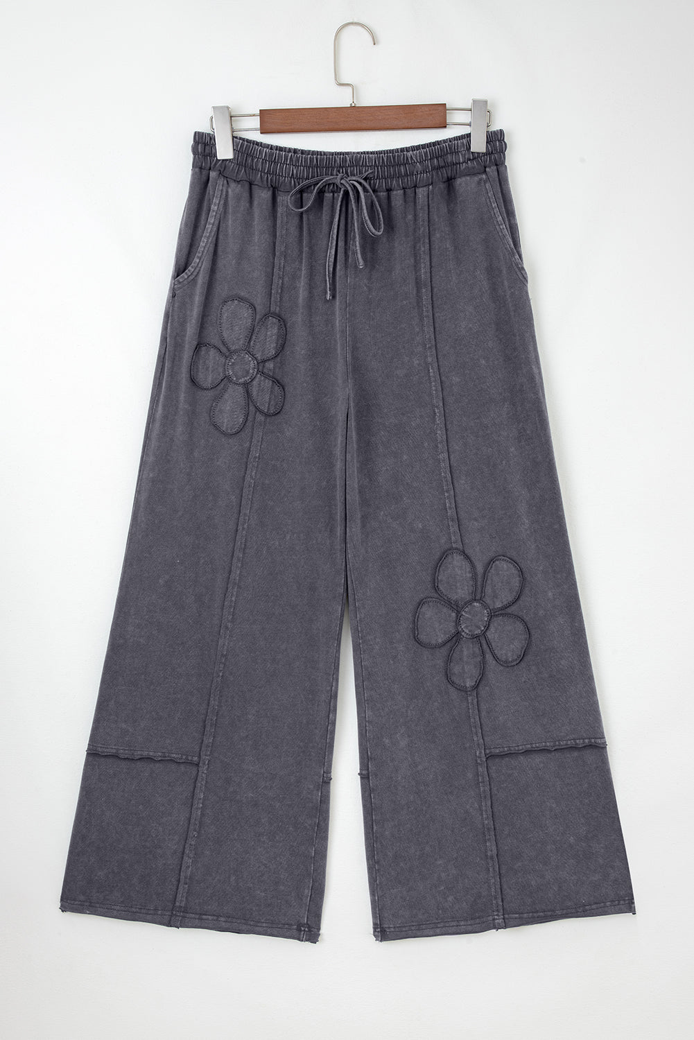 Pink Flower Patch Mineral Washed Terry Knit Cropped Wide Leg Pants